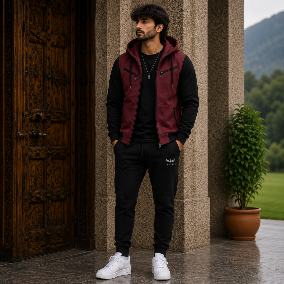 AERODECK APPARELS men's maroon and black hooded tracksuit set shown on model