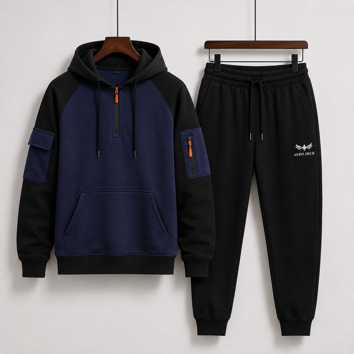 Aero Deck men's navy blue and black pullover hoodie with black trousers tracksuit set
