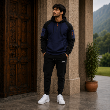 Aero Deck men's navy blue and black hooded tracksuit set worn by model