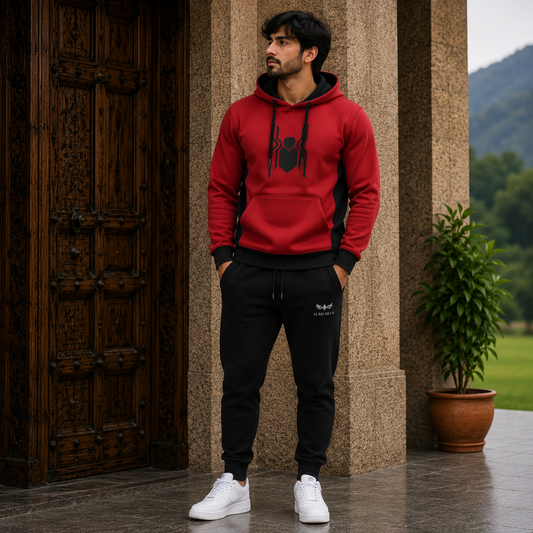 AERODECK APPARELS men's red and black pullover hoodie with black trousers tracksuit set