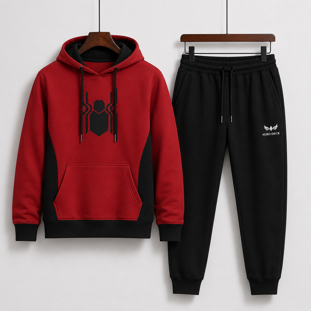 AERODECK APPARELS men's red and black hooded tracksuit set worn by model