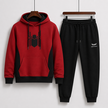 AERODECK APPARELS men's red and black hooded tracksuit set worn by model
