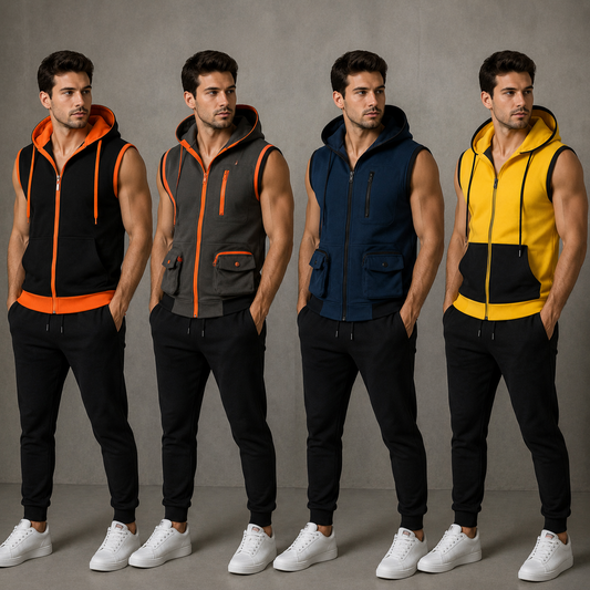 AERODECK APPARELS men's sleeveless zip hoodie pack of 4 in black, grey, navy and yellow
