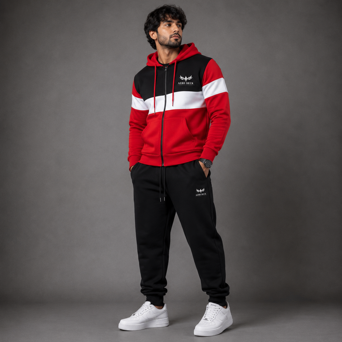 AERODECK APPARELS red black and white zip hoodie with black trousers tracksuit set
