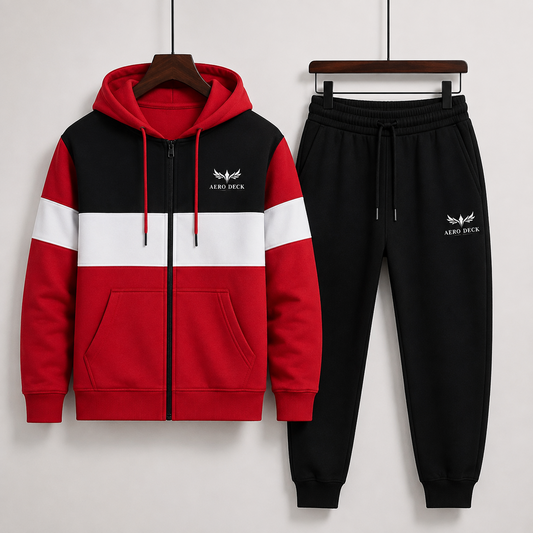 AERODECK APPARELS red black and white zip hoodie and black trousers tracksuit set worn by a model