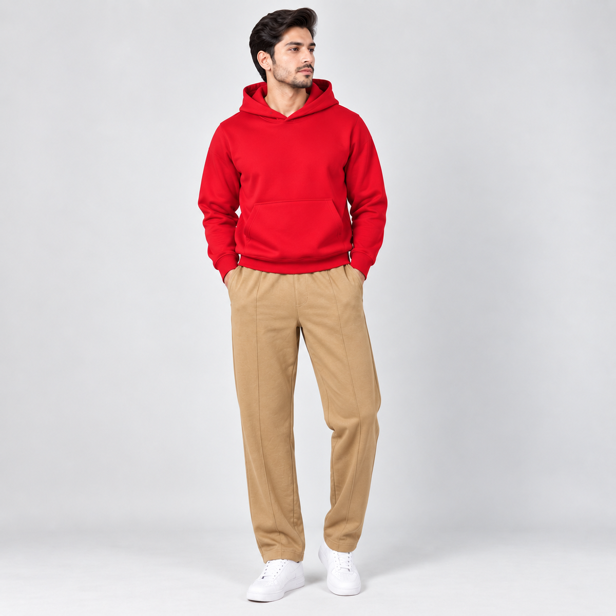 Red Fleece Pullover Hoodie & Khaki Straight Fit Terry Trouser with Drawstring AERODECK APPARELS