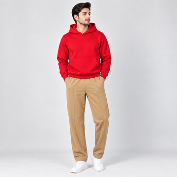 Red Fleece Pullover Hoodie & Khaki Straight Fit Terry Trouser with Drawstring AERODECK APPARELS