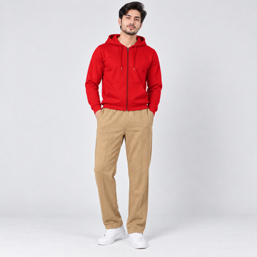 Red Fleece Zip-Up Hoodie & Navy Blue Straight Fit Terry Trouser with Drawstring AERODECK APPARELS