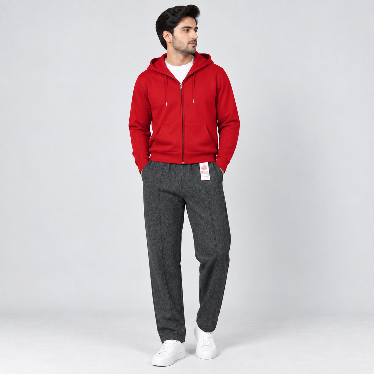 Red Fleece Zip-Up Hoodie & Charcoal Grey Textured Straight Fit Terry Trouser with Drawstring AERODECK APPARELS