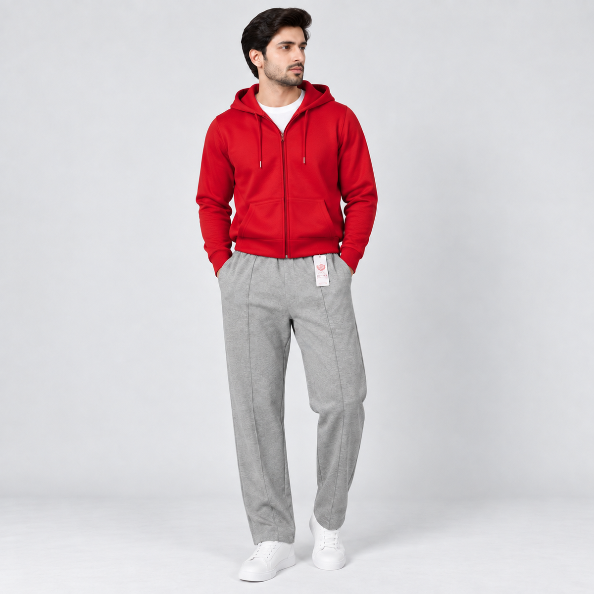 Red Fleece Zip-Up Hoodie & Light Grey Textured Straight Fit Terry Trouser with Drawstring AERODECK APPARELS