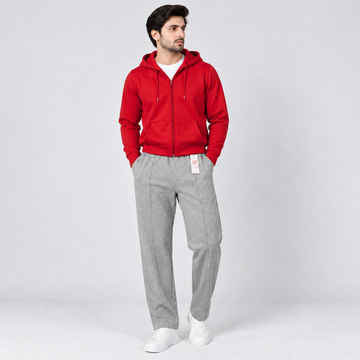 Red Fleece Zip-Up Hoodie & Light Grey Textured Straight Fit Terry Trouser with Drawstring AERODECK APPARELS