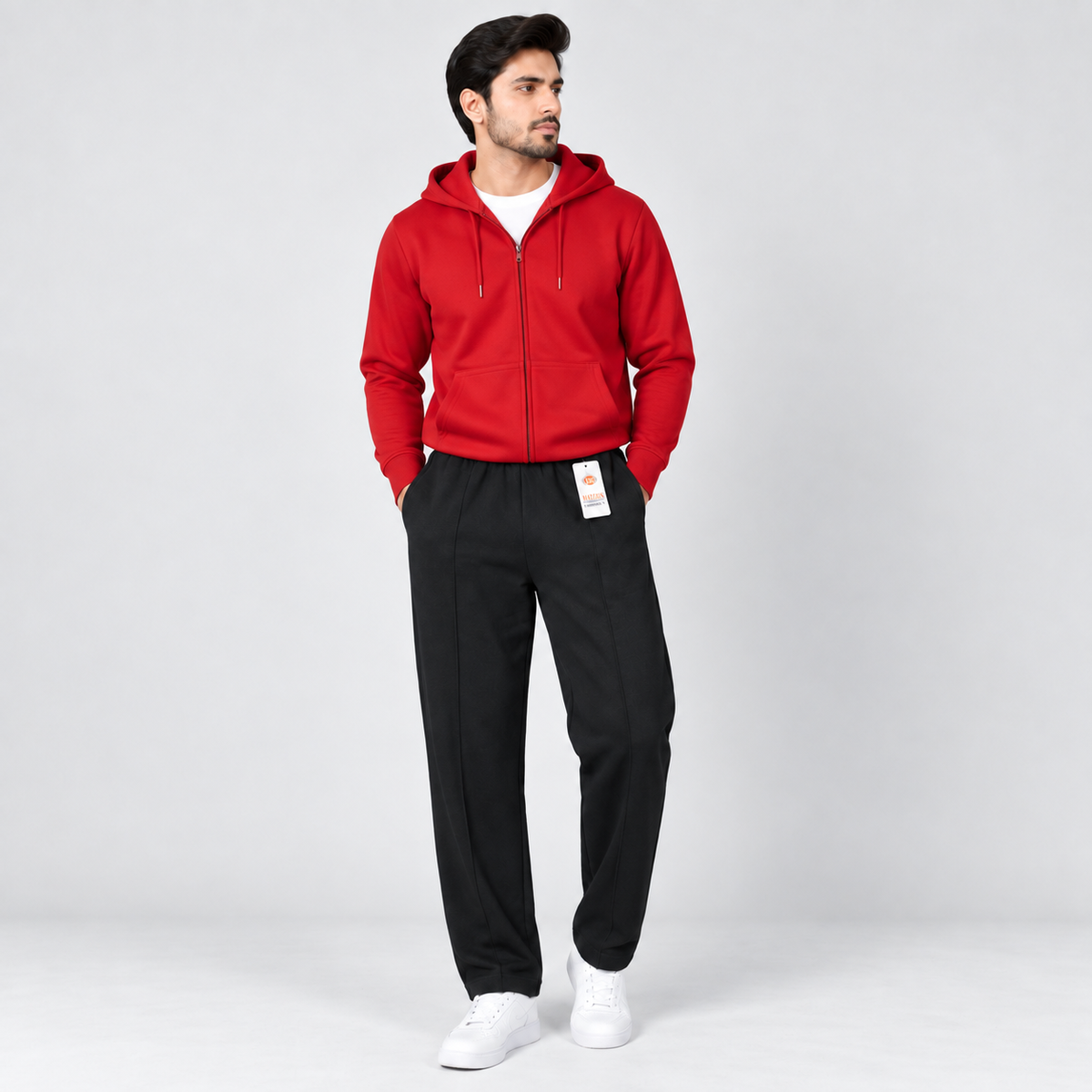 Red Fleece Zip-Up Hoodie & Black Straight Fit Terry Trouser with Drawstring AERODECK APPARELS