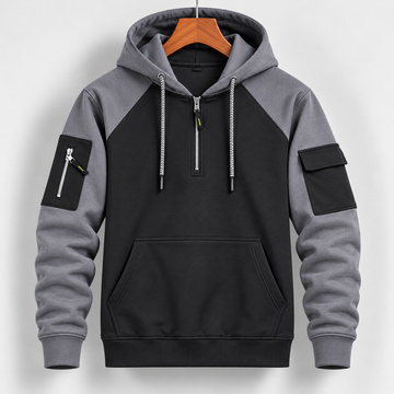 Men's Charcoal Grey & Black Color block Utility Zip-Up Hoodie