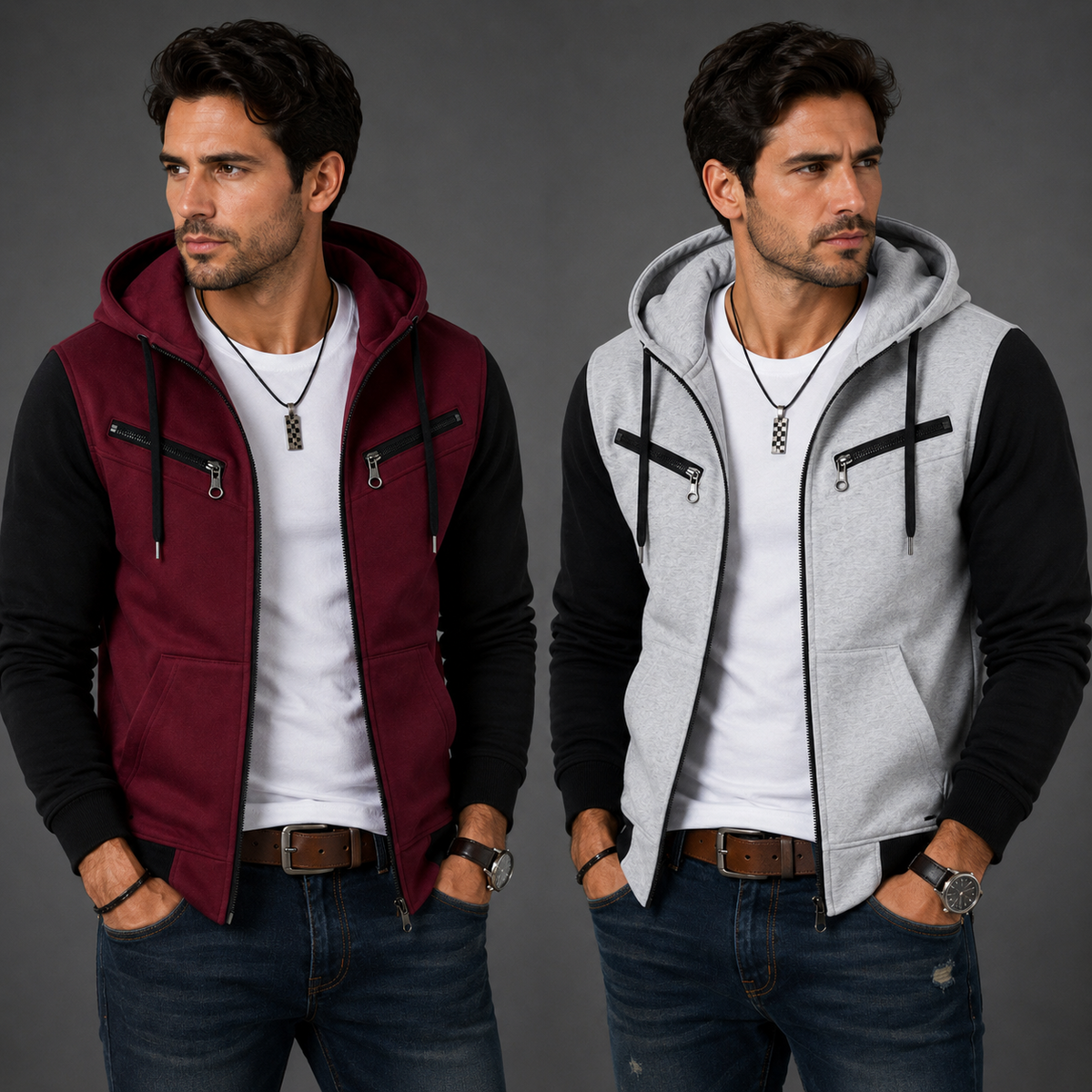 Men's fleece zip hoodie pack of 2 in burgundy and grey