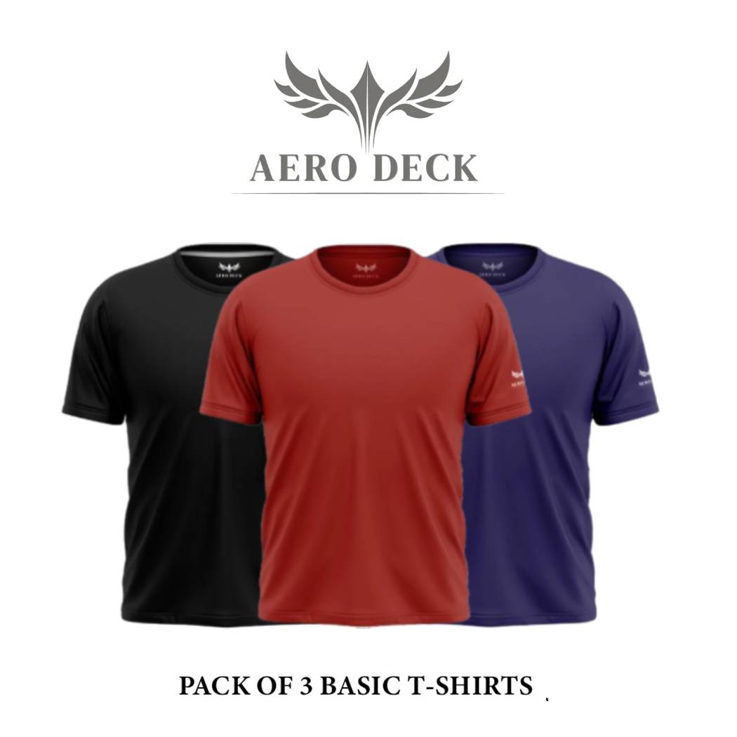 Pack of 3 Aero Deck Cotton Jersey Black, Red & White Color T-Shirt AERODECK APPARELS