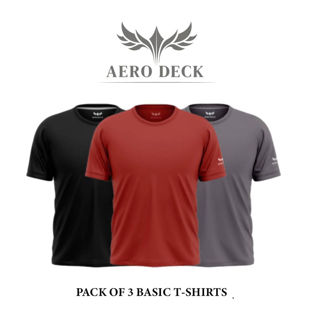 Pack of 3 Aero Deck Cotton Jersey Black, Red & Grey Color T-Shirt AERODECK APPARELS