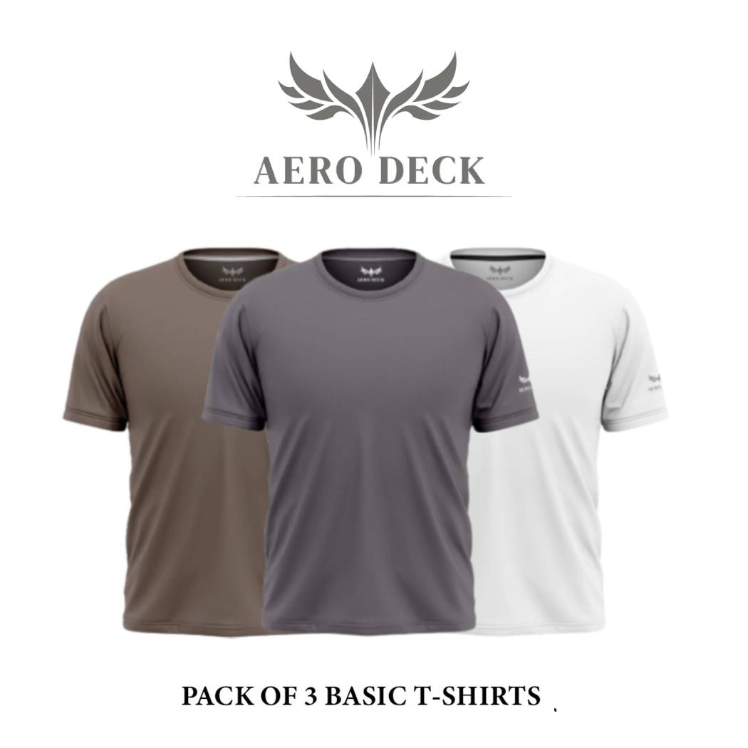Pack of 3 Aero Deck Cotton Jersey Brown, White & Grey Color T-Shirt AERODECK APPARELS