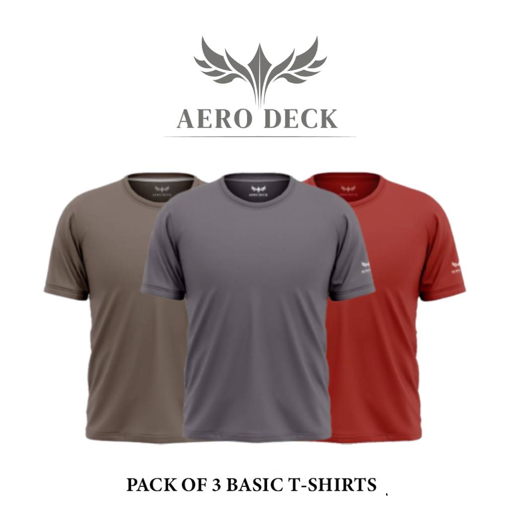 Pack of 3 Aero Deck Cotton Jersey Brown, Blue & Grey Color T-Shirt AERODECK APPARELS