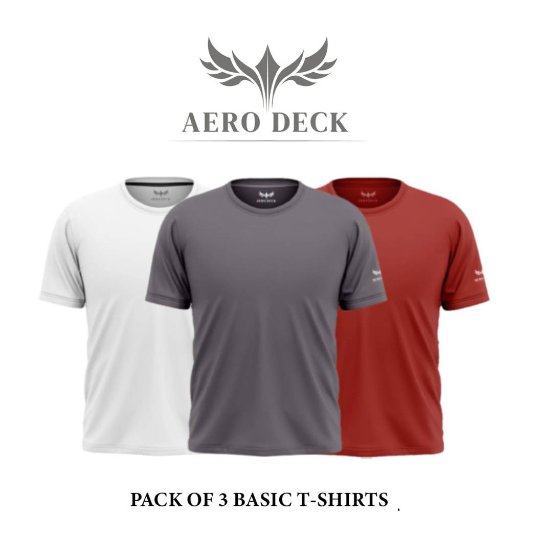 Pack of 3 Aero Deck Cotton Jersey Blue, White & Grey Color T-Shirt AERODECK APPARELS