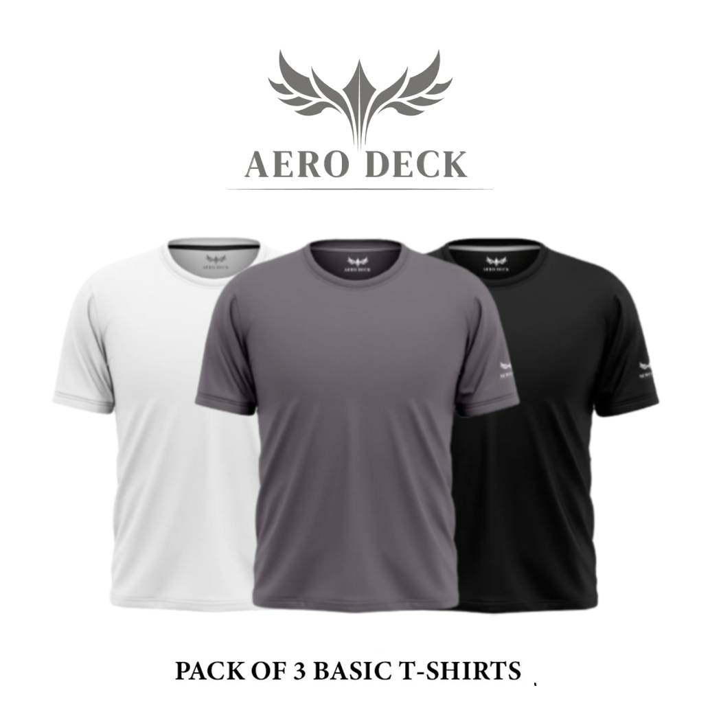 Pack of 3 Aero Deck Cotton Jersey Black, White & Grey Color T-Shirt AERODECK APPARELS
