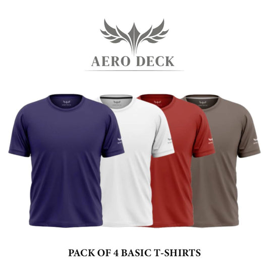 Pack of 4 Aero Deck Cotton Jersey White, Brown, Blue & Red Color T-Shirt