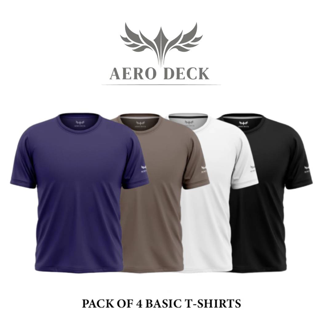 Pack of 4 Aero Deck Cotton Jersey White, Brown, Blue & Red Color T-Shirt AERODECK APPARELS
