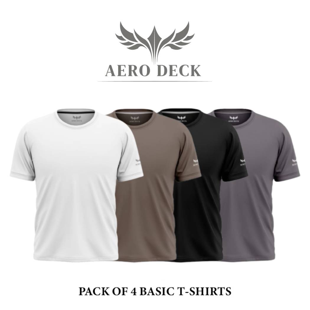 Pack of 4 Aero Deck Cotton Jersey Black, Brown, White & Grey Color T-Shirt AERODECK APPARELS
