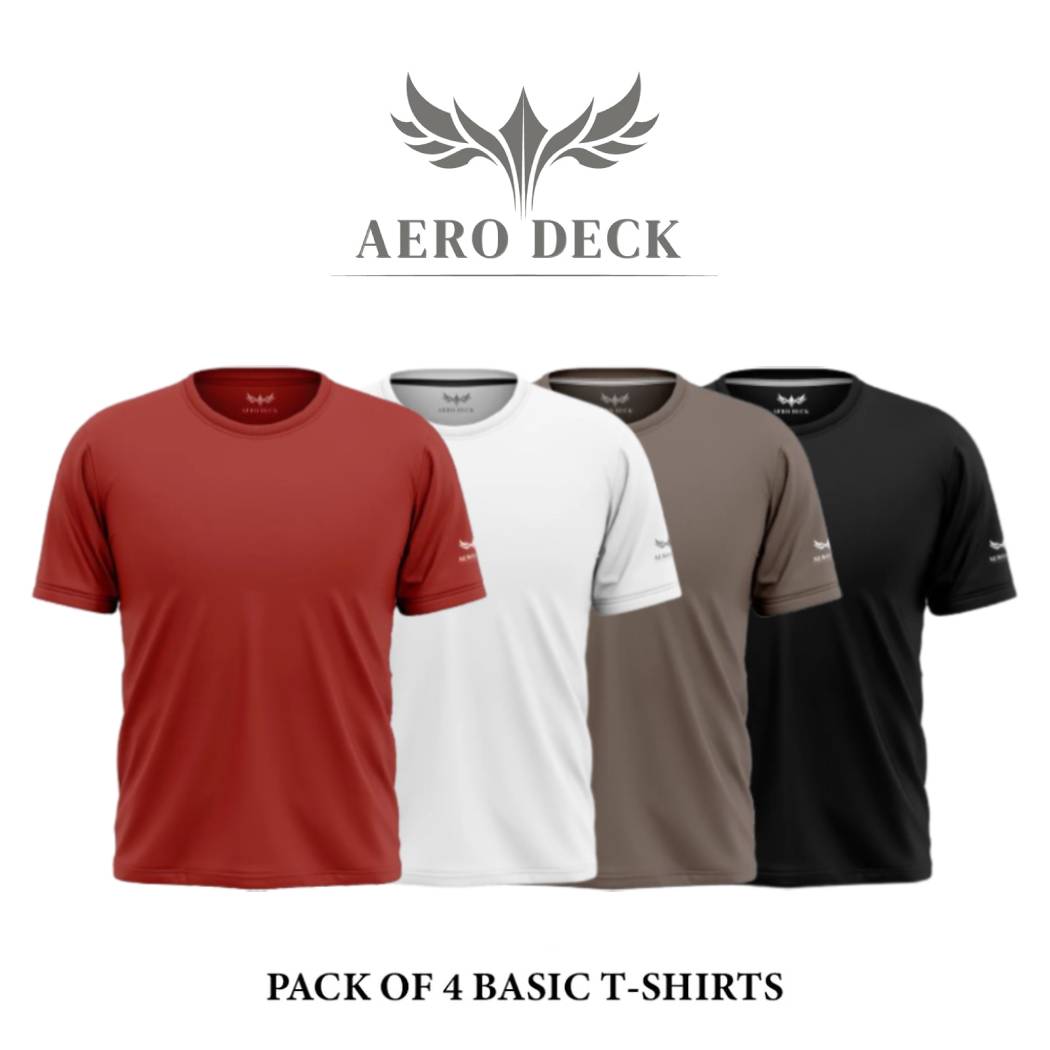 Pack of 4 Aero Deck Cotton Jersey Blue, White, Brown & Red Color T-Shirt AERODECK APPARELS