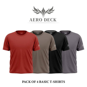 Pack of 4 Aero Deck Cotton Jersey Black, White, Brown & Red Color T-Shirt AERODECK APPARELS